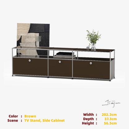 Modern Modular Low TV Cabinet｜3-Tier Sideboard with Drop Doors｜Steel Frame Storage Bench Unit | Minimalist Low Media Console