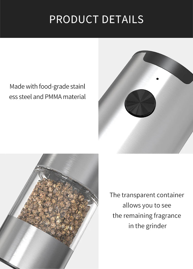 Molinillo eléctrico automático de pimienta y sal con luz LED, molinillo de aspereza ajustable, herramientas de cocina