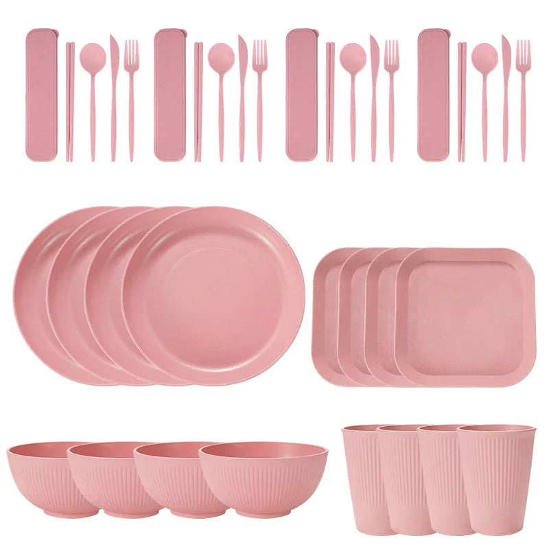 36pcs Plate Sets Wheat Straw Eco-Friendly Ramen Bowl Tableware Dinner Dishes Set Camping Tableware Set With Knife Fork Spoon