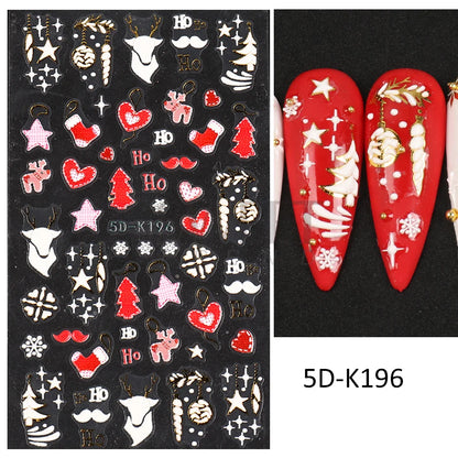 5D Red Christmas Nail Stickers Glitter Embossed Snowflake Gloves Feather Bulb Bells Winter Xmas DIY Engraved Manicure Decoration