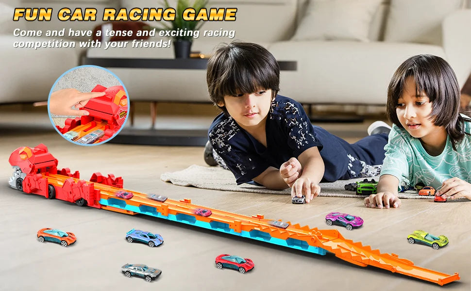 Dinosaur 3-in-1 Transport Truck Car Toys for Boys Ages 3+, 8 Race Cars Ejection, Folding Portable Track Toy with Sound for Kids
