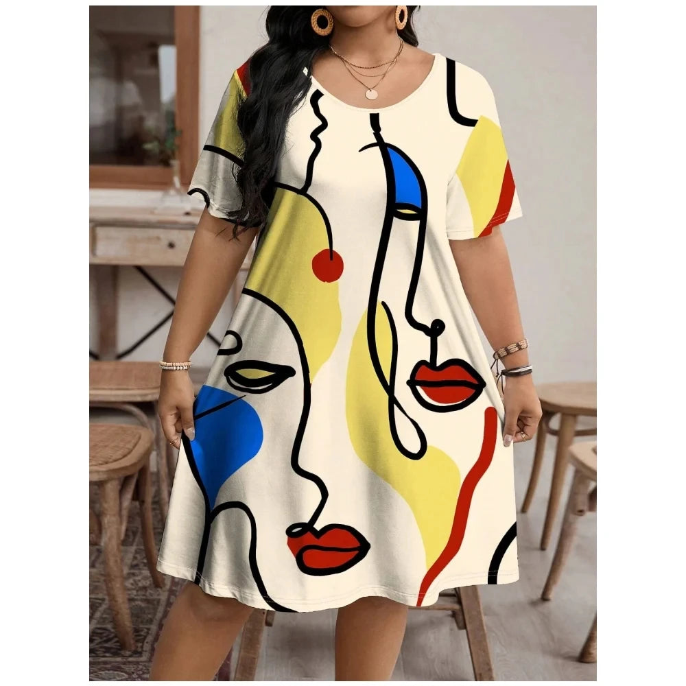 2024 moda feminina vestido pintado arte rosto streetwear padrão impressão vestido de verão casual manga curta vestidos soltos plus size 9xl
