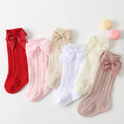 Summer Baby Girls Socks Toddlers Bow Long Sock Kids Knee High Soft Cotton Mesh Spanish Style Children 0-5 Years Breathable Socks