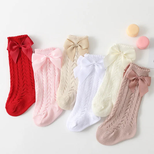 Summer Baby Girls Socks Toddlers Bow Long Socks Kids Knee High Soft Cotton Mesh Spanish Style Children 0-5 Years Breathable Socks