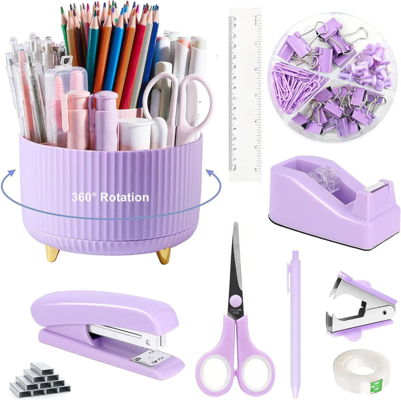 Desktop Office Stationery Set with Stapler Tape Dispenser Scissors Staple Remover for Home School Supplies