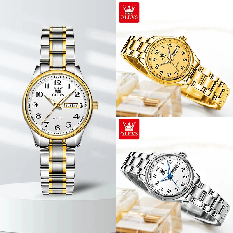 Relogio feminino de luxo bicolor aço inoxidavel e calendario duplo