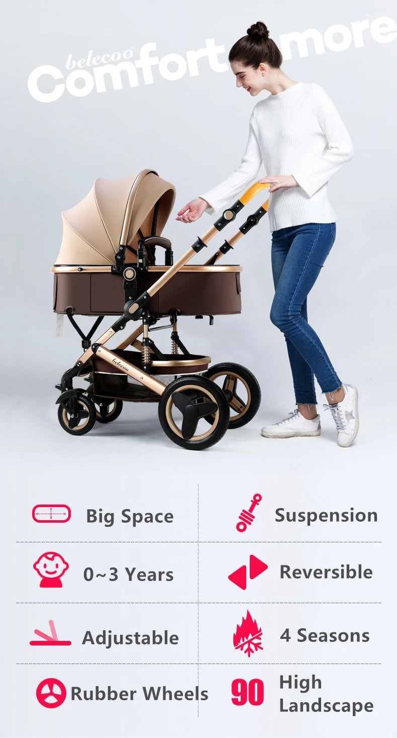 Lujoso cochecito de bebé portátil 3 en 1 de viaje con marco de aluminio alto y plegable, para recién nacidos, con cuatro ruedas.
