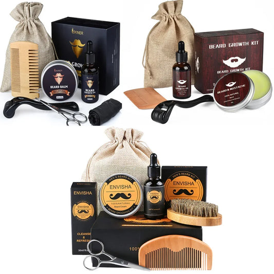 Beard Growth Kit For Men Barbe Hair Enhancer Beard Essential Oil Moisturizing Wax Growth Roller Comb Styling Scissors Beard Care