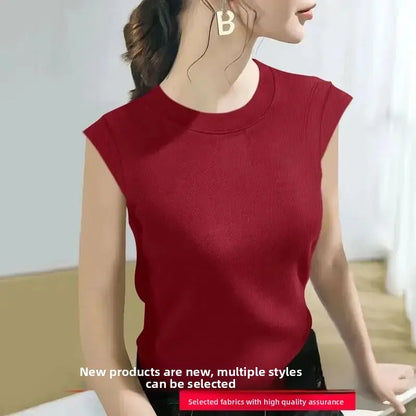 Summer Ice Silk Loose Fashionable Simple Pure Color round Neck Fly Sleeve T Shirt Women Short Sleeve Simple Style Crew Neck