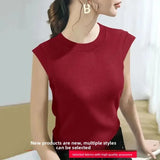 Summer Ice Silk Loose Fashionable Simple Pure Color round Neck Fly Sleeve T Shirt Women Short Sleeve Simple Style Crew Neck