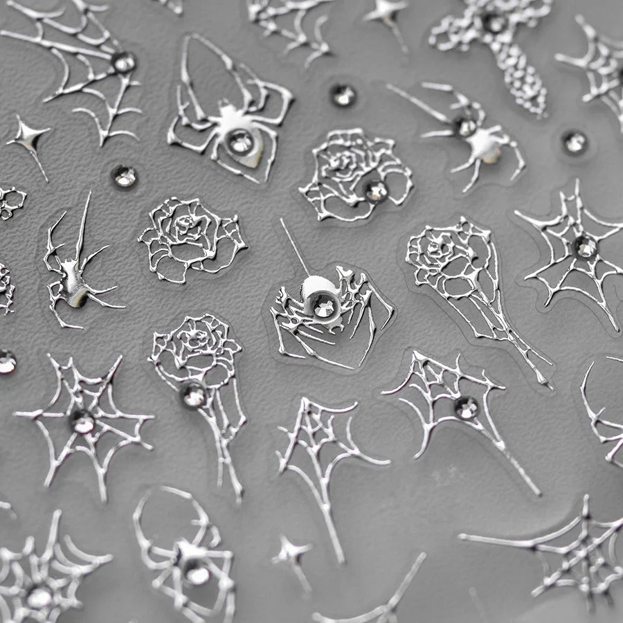 1 piece 5D Spider Web Nail Sticker Cross Silver White Black Glitter Transparent Rhinestone Rose Self-Adhesive Nail Art Sticker