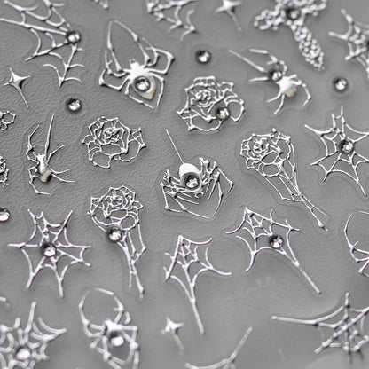 1 piece 5D Spider Web Nail Sticker Cross Silver White Black Glitter Transparent Rhinestone Rose Self-Adhesive Nail Art Sticker