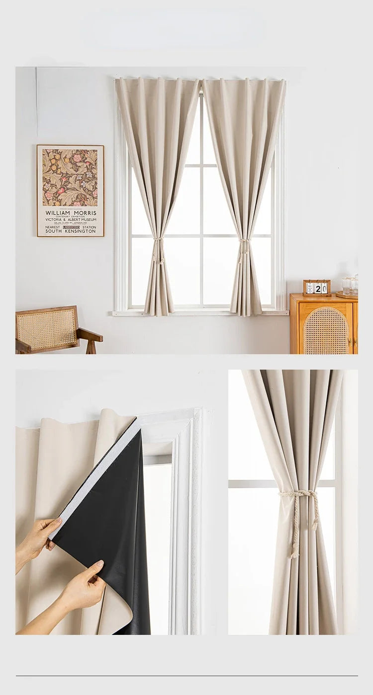 Convenient No Drilling 100% Blackout Short Curtains for Living Room Bedroom Bay Windows Blinds Easy Install Door Kitchen Decor