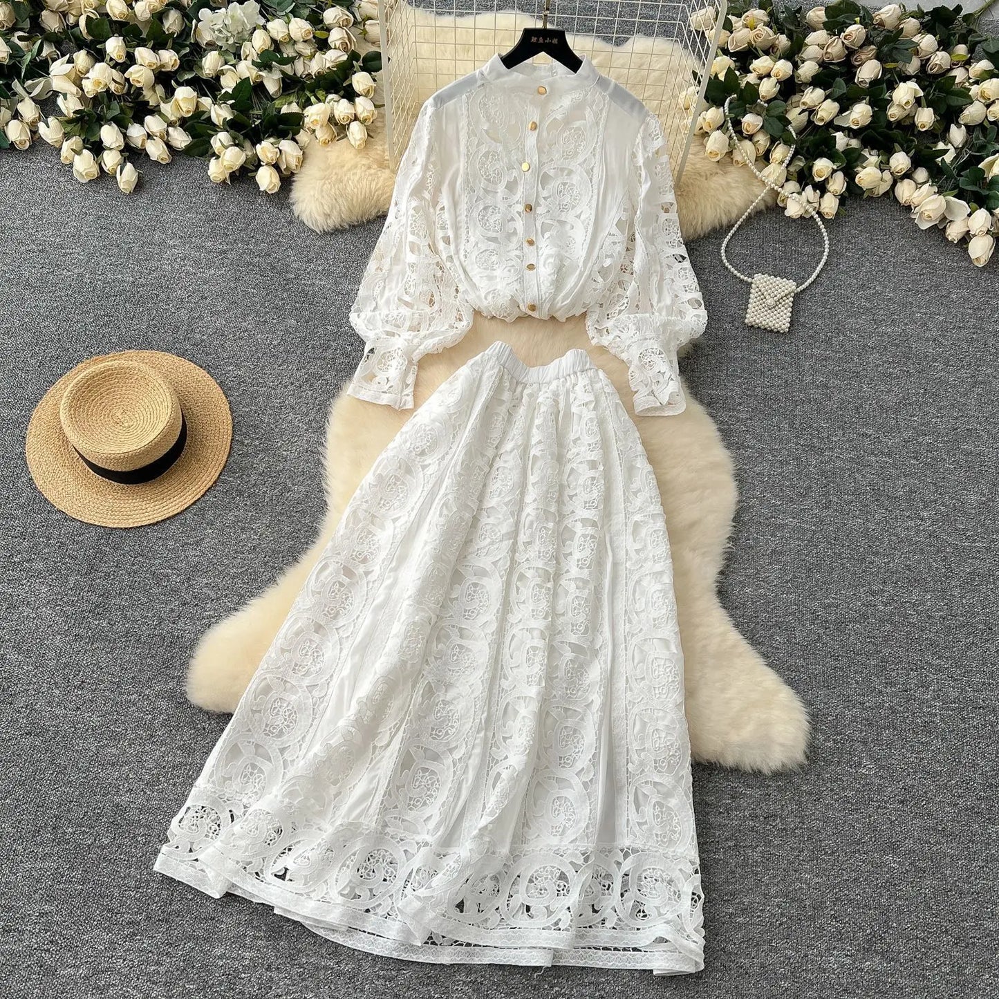 Autumn Crochet White Lace Embroidery 3 Pieces Sets Women Dress Suits Hollow Out Loose Shirt Top Elastic Waist Maxi Skirt Suit