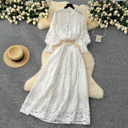 Autumn Crochet White Lace Embroidery 3 Pieces Sets Women Dress Suits Hollow Out Loose Shirt Top Elastic Waist Maxi Skirt Suit