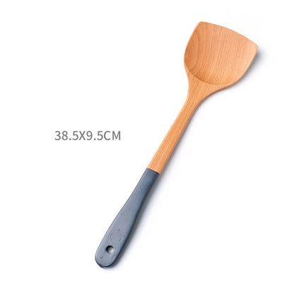 Espátula de madera con mango largo para cocinar, antiadherente, para saltear, resistente al calor, para el hogar, accesorio de cocina