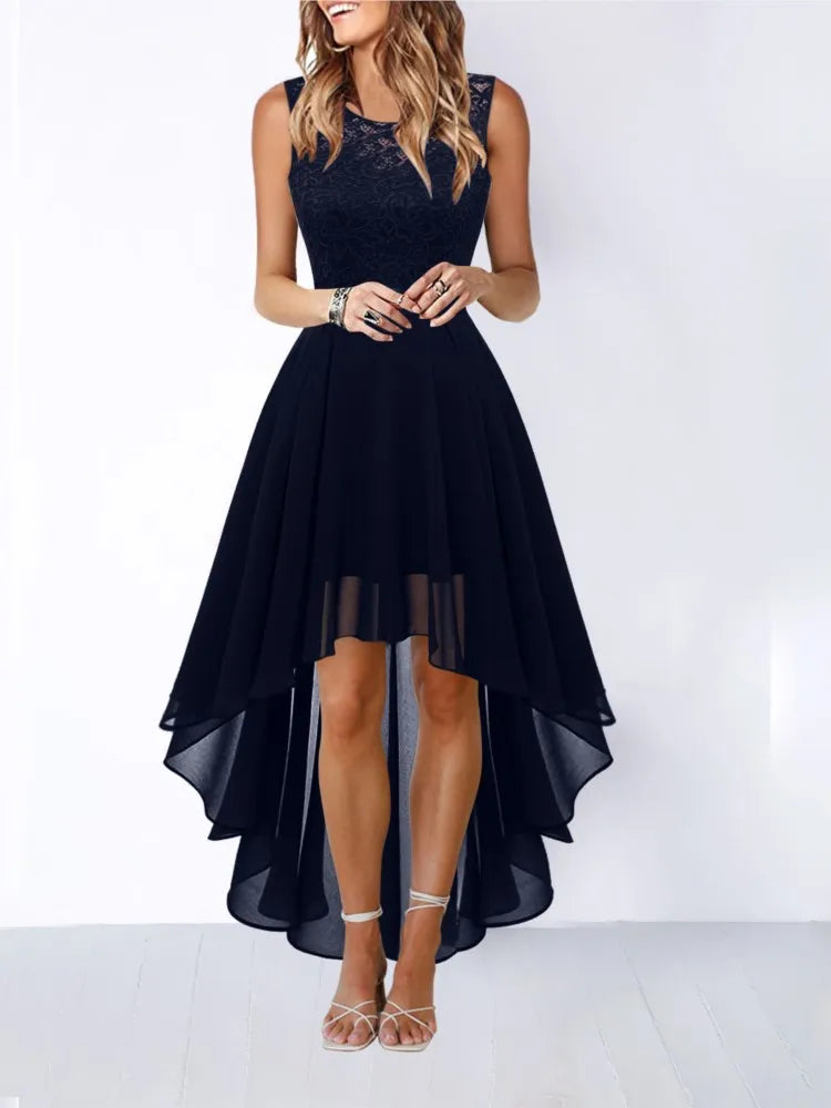 Hollow-outch Chiffon Dress Dinner Lace Dress Women's Elegant Temperament British Style High-waisted Sleeveless Round-neck Dress
