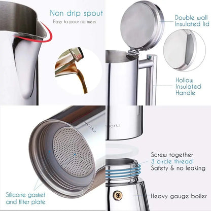 Cafetera italiana Easyworkz Diego para estufa, de acero inoxidable, para 4 tazas, 6.8 oz, de inducción