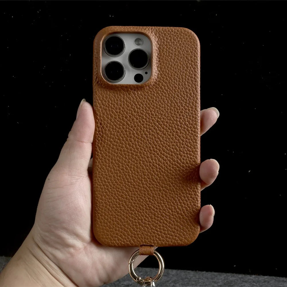 Funda de piel auténtica personalizable con cordón de carga para iPhone 16 Pro Max, 15, 14, 13, 12 y 11, con funda magnética.