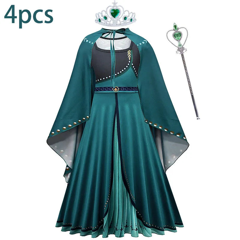Frozen Green Anna Princess Girls Cosplay Costume Full Long Sleeve Dress With Cloak Carnival Party Kids Clothes Birthday Dress