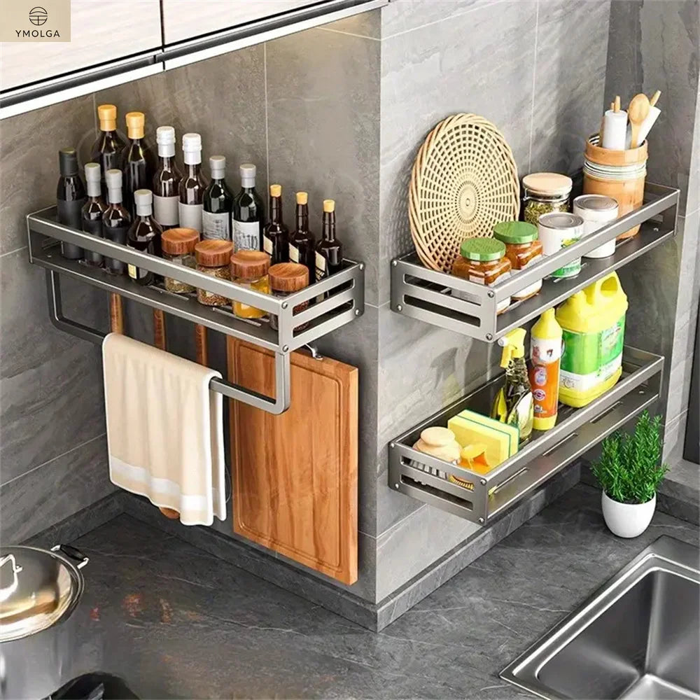 YMOLGA 1/2pcs Aluminum Wall-Mounted Spice Rack Multifunctional Item Shelf Kitchen Tools Hooks Kitchen Condiment Storage Rack