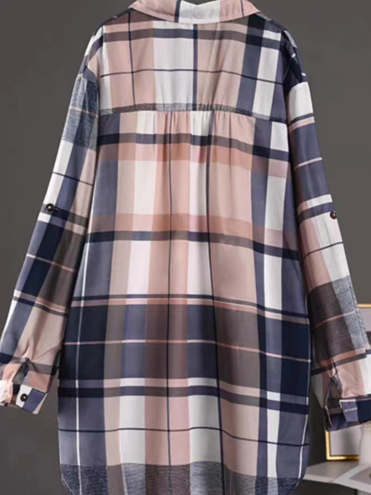 Blusas de algodón a cuadros de longitud media para otoño, informales, nuevas, con botones sueltos, para mujer, moda coreana, camisa elegante de manga larga para invierno