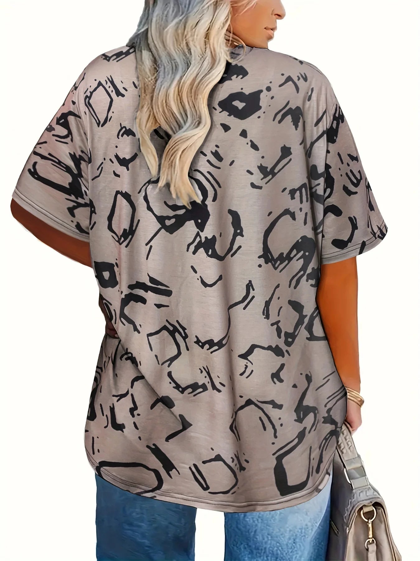 Camiseta informal de manga corta con cuello en V y estampado integral para mujer, talla grande, ropa de verano y primavera 