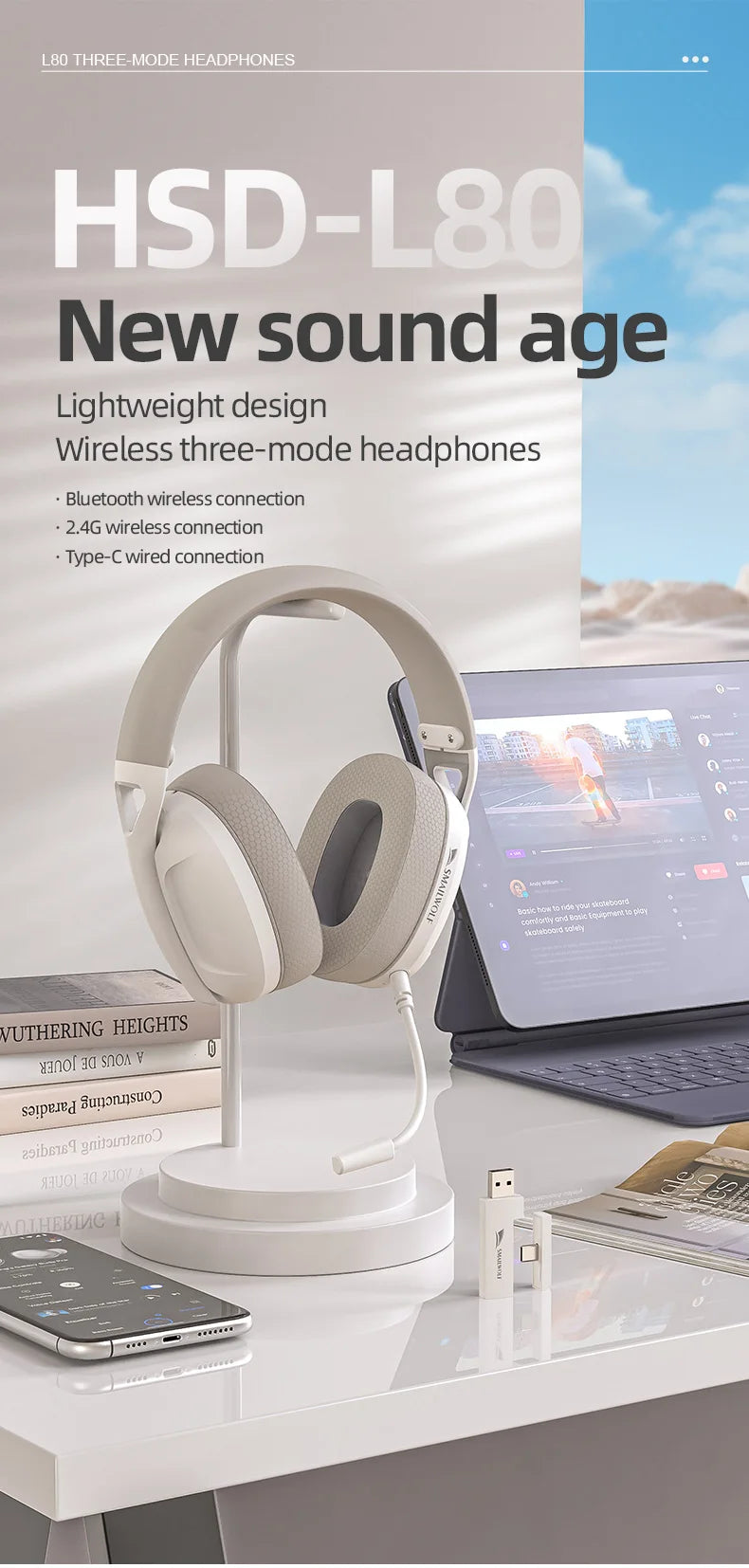 SmailWolf-L80 Bluetooth wireless three-mode headphones headset lightweight headset 2.4G gaming headsets sports bass