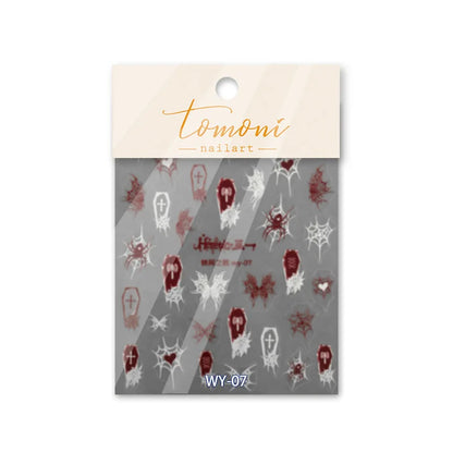 1 Sheet 5D Realistic Dark Series Demon Kiss Bloody Skull Tooth Eye Web Cross Adhesive Nail Art Stickers Decals Manicure Charms