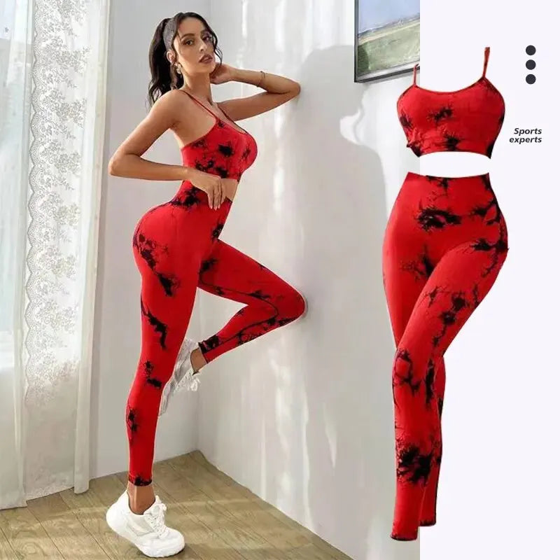 Conjunto deportivo de yoga con teñido anudado para mujer, conjunto deportivo de fitness, sujetador deportivo y leggings de cintura alta, ropa de gimnasio, trajes deportivos sin costuras