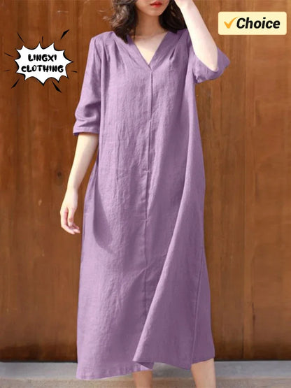 Vestido elegante de verano 2022 para mujer, de algodón y fibra de cáñamo, talla grande, con escote en V, monocromático, de longitud media y empalmado. 