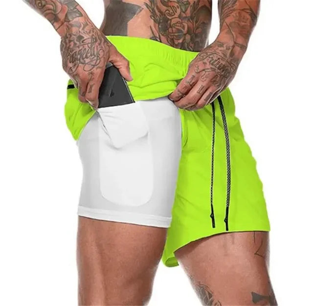 Calções esportivos de bolso embutido de fitness masculino verão 2 em 1 secagem rápida ginásio praia shorts correndo shorts de dois andares malha moletom