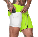 Pantalones cortos deportivos de verano 2 en 1 para hombre, con bolsillo incorporado, de secado rápido, para gimnasio, playa, correr, de dos pisos, de malla 