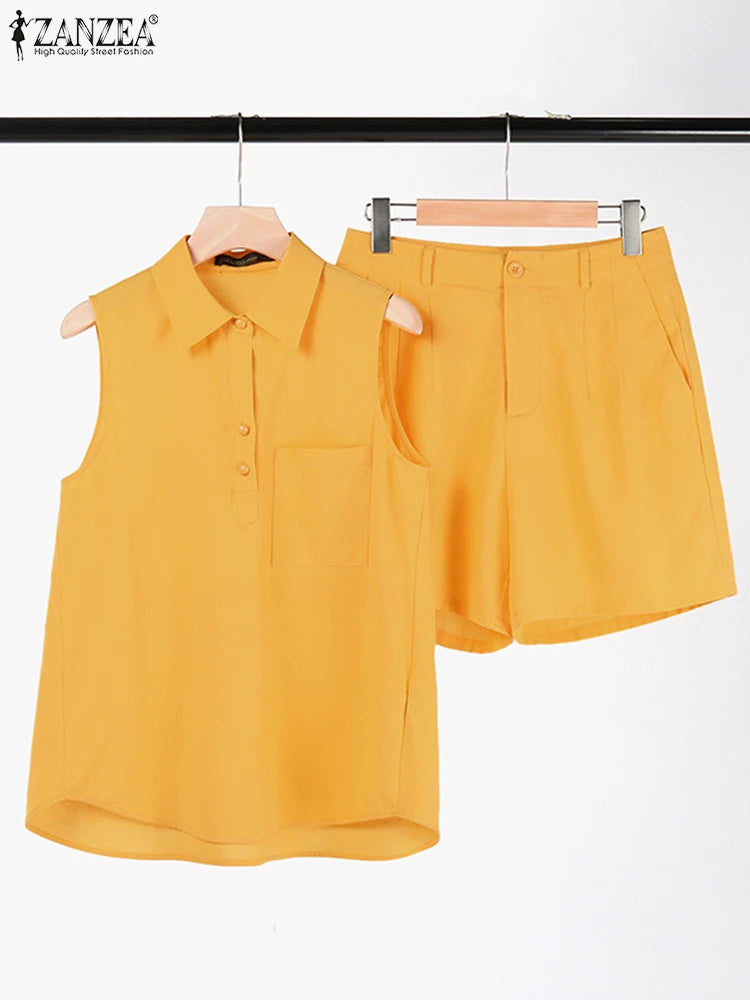ZANZEA Fashion Sleeveless Tops Short Sets Two Piece Sets Summer Womens Outifits Beach Tracksuit Vintage Solid Cotton Pants Suits