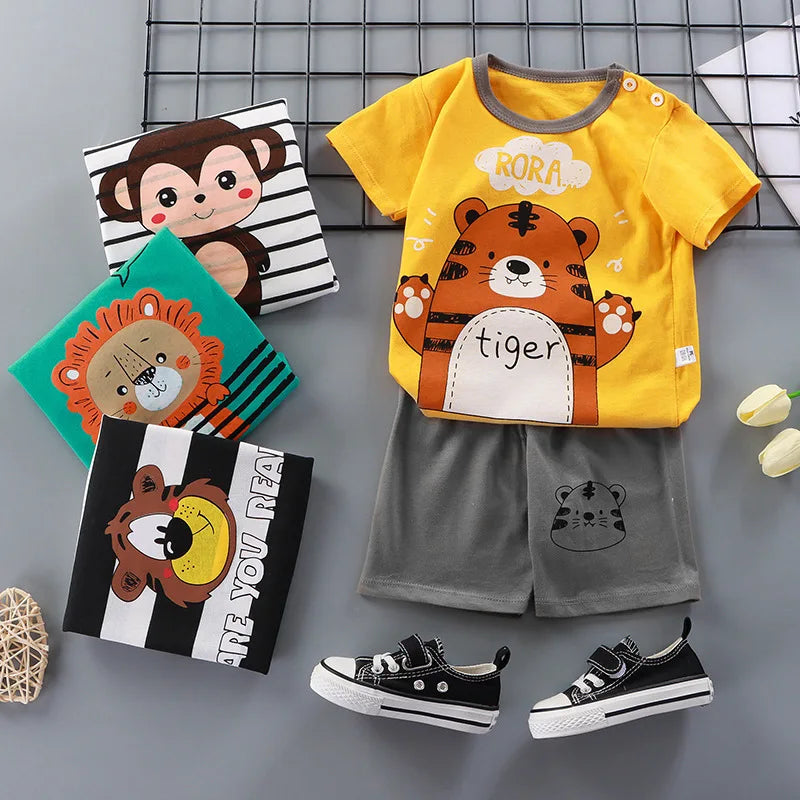 New Boys Summer Clothing Set Full Bear Print Cotton Short Sleeve T-shirts and Shorts 2PCS Breathable Outfit For Girls