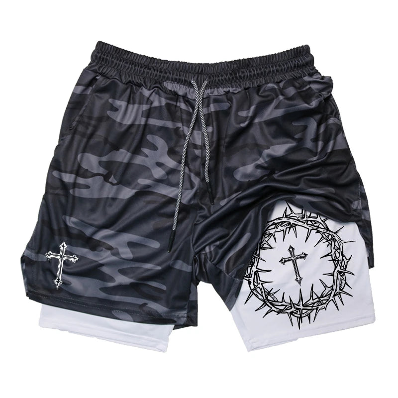 Cross Print 2 in 1 Workout Running Shorts for Men Christian Gym Performance Shorts with Phone Pocket Towel Loop Athletic Outfits