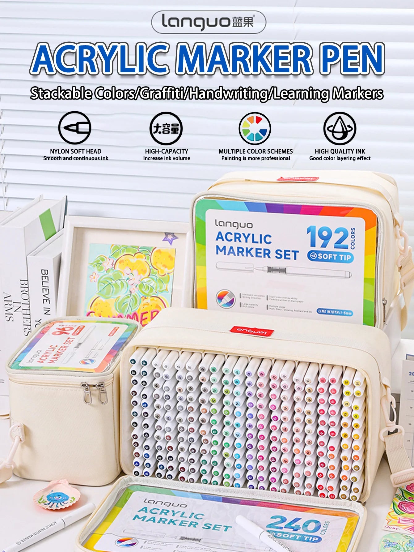 Languo 9pcs/box Soft Brush Acrylic Marker Pen Set, DIY Hand Drawn, Paint Art Markers pens, Student Graffiti Acrylic Paint Pens, M720