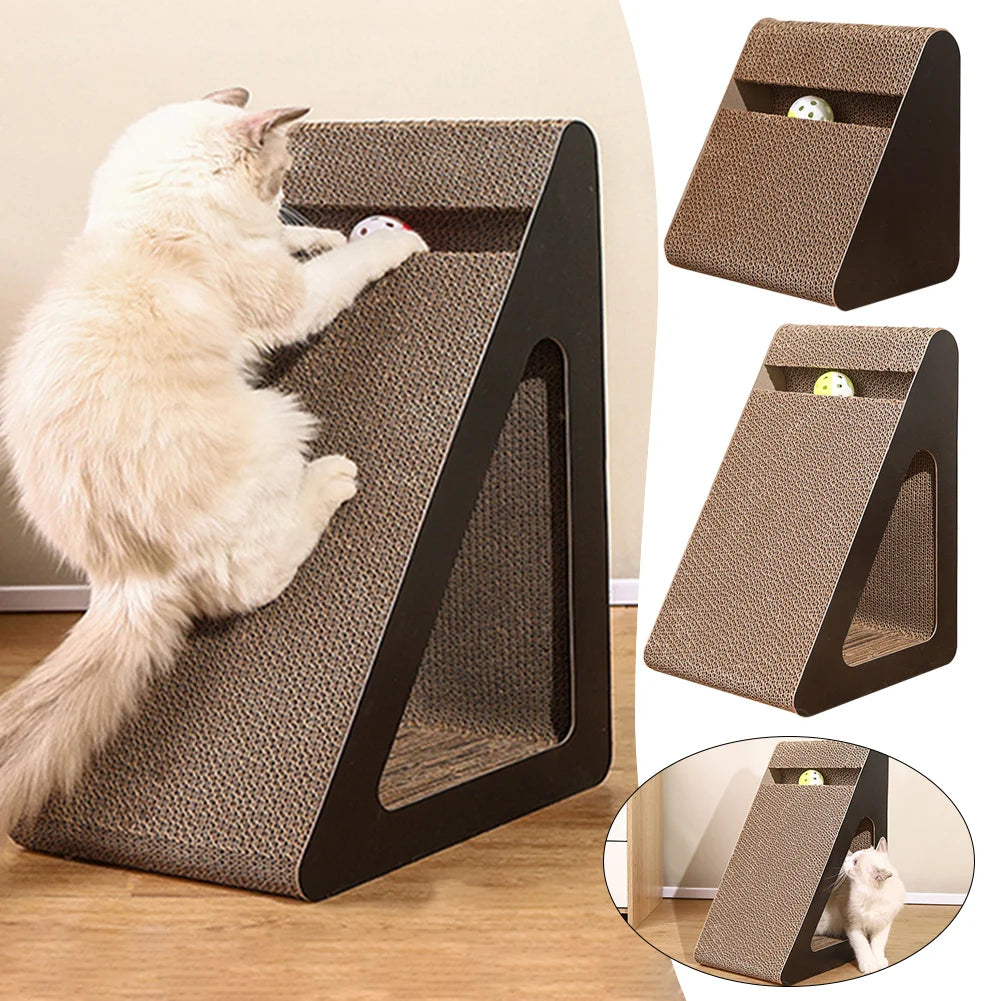 Rascador para gatos 2 en 1 de cartón con forma de triángulo y bolas giratorias, resistente y antiarañazos, alivia el estrés. Juguete para mascotas.