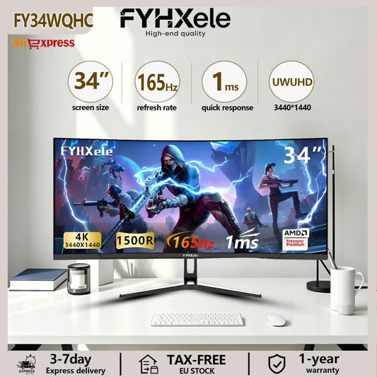 FYHXele 34-inch 99% sRGB Gaming Office Curved Screen, 165Hz Refresh Rate, 1ms High Reaction Speed, Equipped With 3440*1440P Resolution, HDMI or DP Interface, 21:9 Proportional Screen