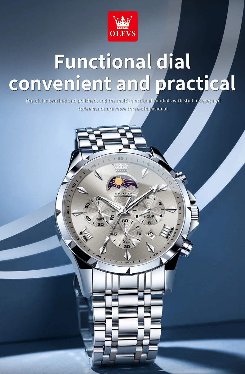 OLEVS 3653 Mens Watch Quartz Watch Multifunctional Chronograph Watch For Men 30M Waterproof Luminous Moon Phase Box Original