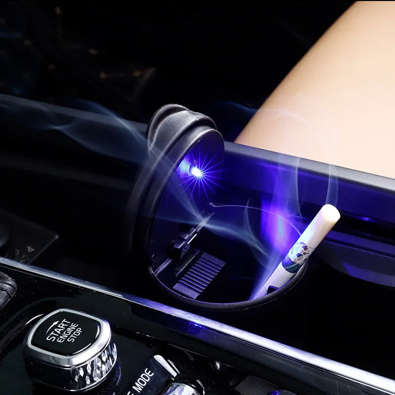 Cenicero portátil LED para coche, con apertura automática de un solo toque, luz azul, ignífugo, para fumar cigarros, accesorios para coche 