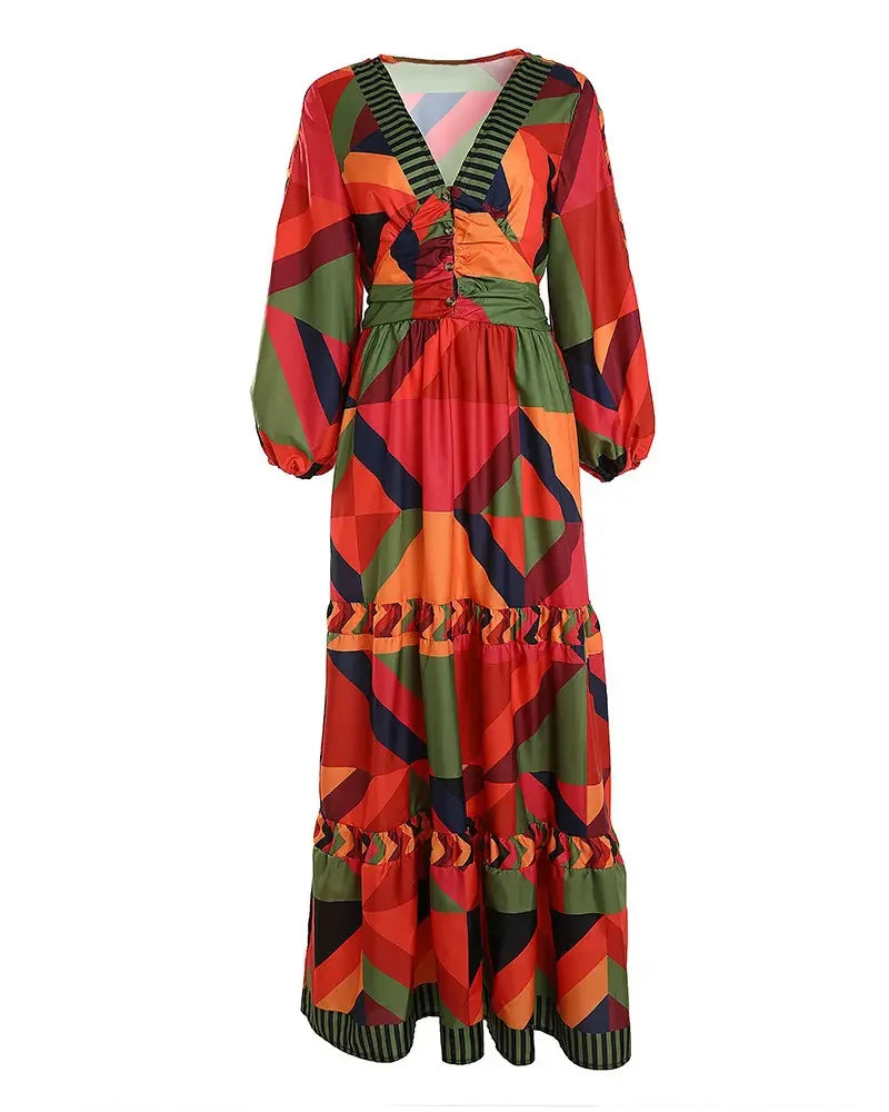 Vestido de estilo urbano para mujer, novedad de verano 2024, informal, con escote en V, estampado geométrico, mangas farol, falda larga con botones