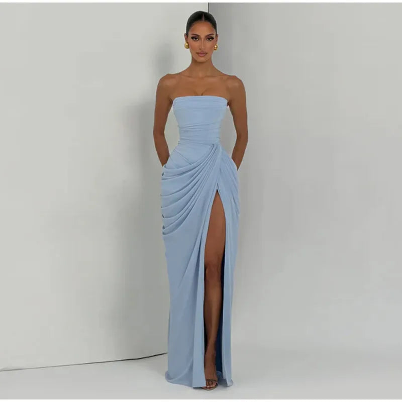 Sexy Solid Pleated Strapless Dress Lady Chic Off-shoulder Backless High Waist Split Dresses Women 2026 New Evening Party Gown