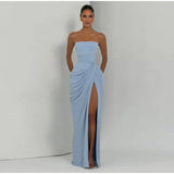 Sexy Solid Pleated Strapless Dress Lady Chic Off-shoulder Backless High Waist Split Dresses Women 2026 New Evening Party Gown