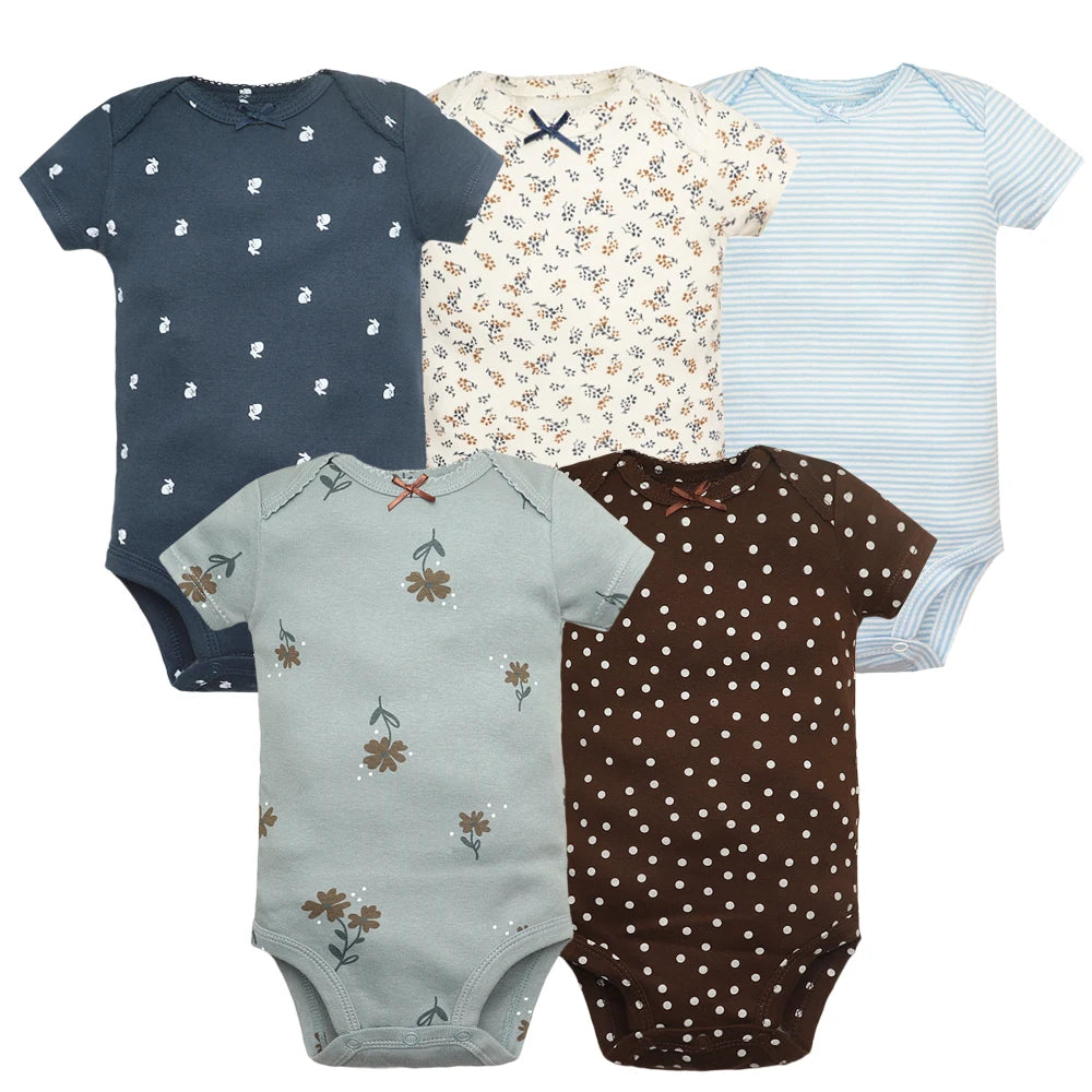 Lote de 5 monos para bebés y niñas, 100 % algodón, de manga corta, para recién nacidos de 6 a 24 meses.