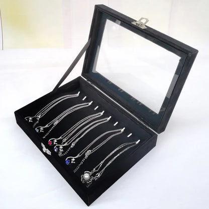 Caja de joyería negra, caja para pulseras, caja para collares, caja pequeña arqueada, caja de exhibición, caja de almacenamiento de joyas con cubierta de franela