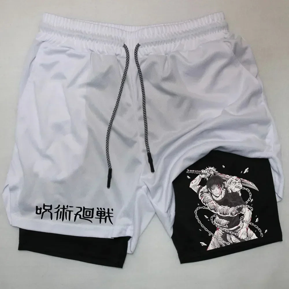 Men's Sports Shorts Anime Performance Shorts Printed Men GYM Casual Sport Compression Shorts Workout Running Mesh 2 in 1 Shorts