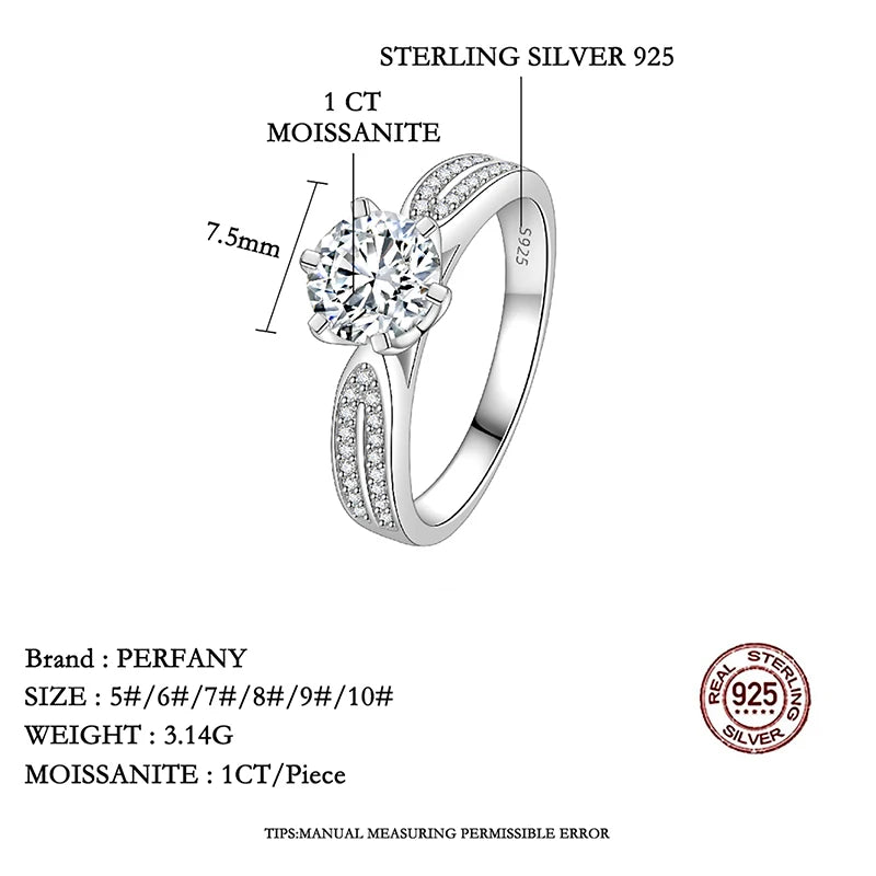 PERFANY 0.5-2CT Moissanite Ring for Women S925 Pure Silver Laboratory GRA Certified Diamond Wedding Luxury Jewelry