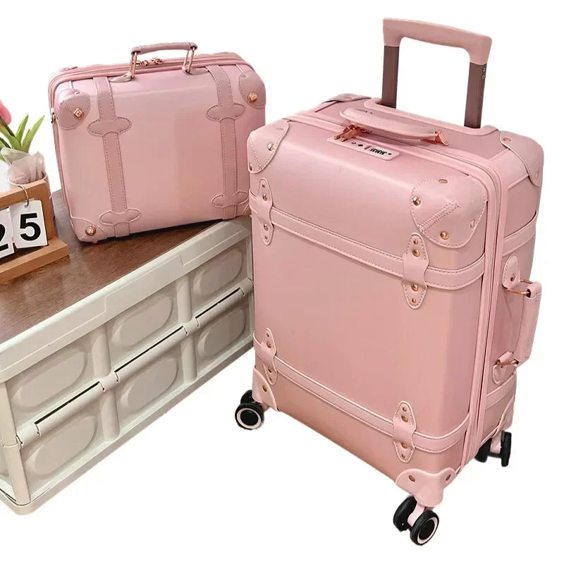Vintage Leather Women Luggage Set 20in Carry-On + 24/26in Checked Suitcase Luxury Travel Trolley Case with Pink Handbag