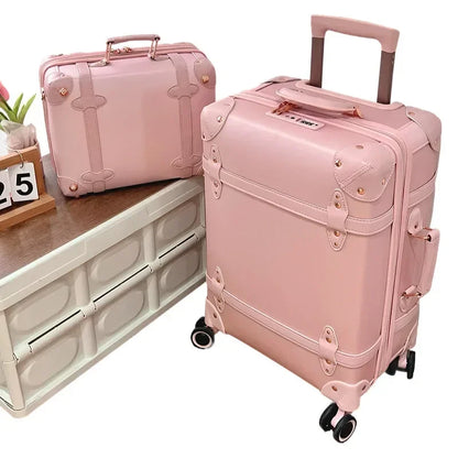 Vintage Leather Women Luggage Set 20in Carry-On + 24/26in Checked Suitcase Luxury Travel Trolley Case with Pink Handbag